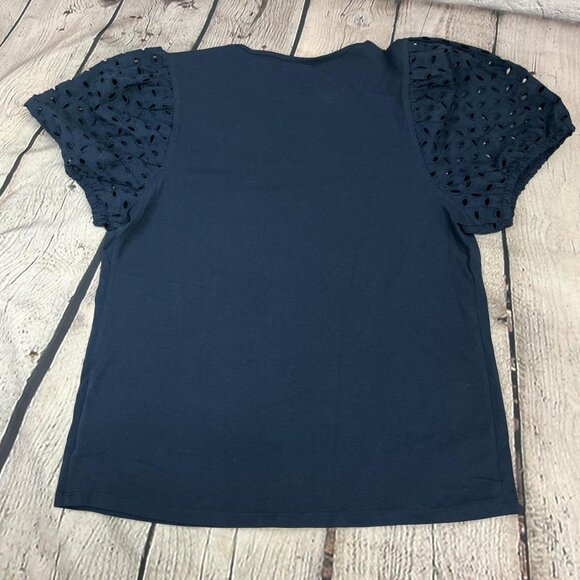 NWT Express Navy Knit Top – Eyelet Puff Sleeves – Size M – Preppy Lace Detail - Picture 2 of 5